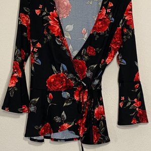 BCX bell sleeve wrap blouse, black and floral